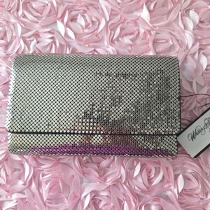 Vintage WHITING & DAVIS Convertble  Clutch Silver Metal Mesh Silver Chain 8 X 5”